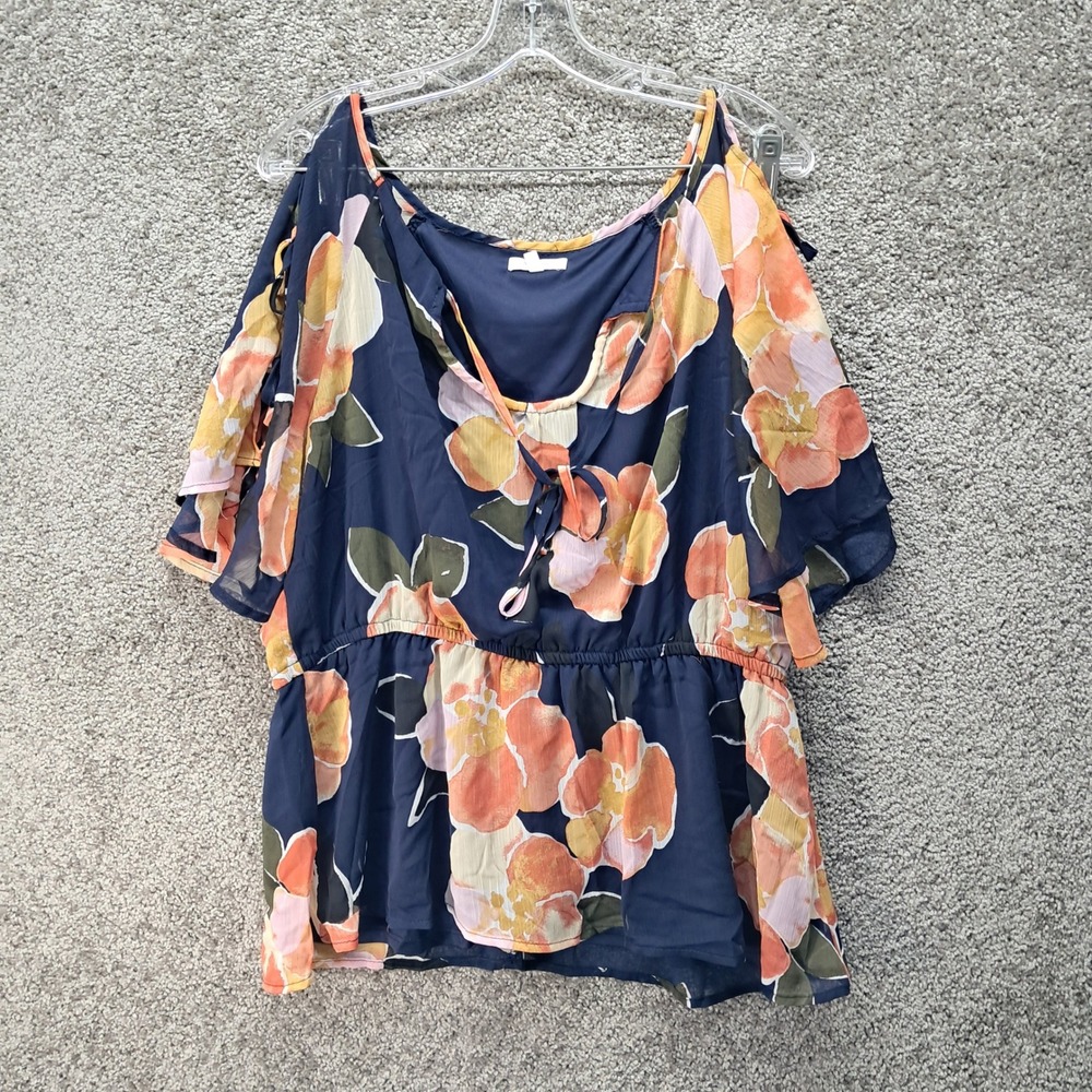 Maurices Womens XL Navy‎ Blue Floral Cold Shoulder Peplum Flutter Sleeve Top